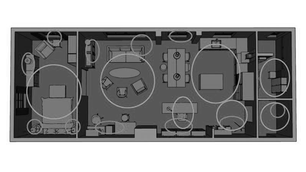 A floor plan of a house with circles drawn. These circles indicate how much light is needed and where the power outlets are.