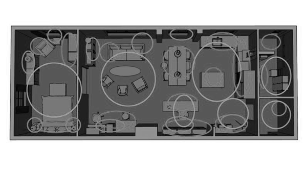 A floor plan of a house with circles indicating where lamps and light points should be placed for a perfect lighting plan.