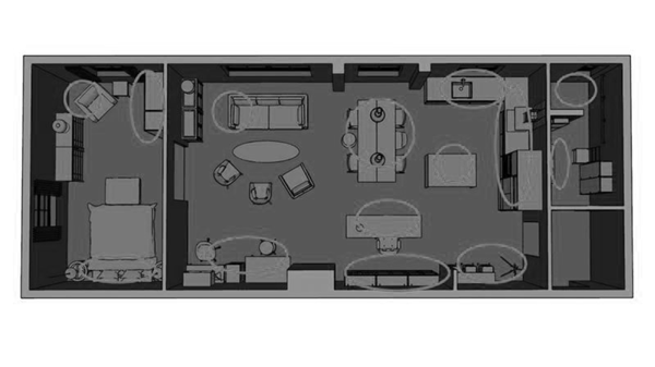 A floor plan of a house with circles indicating where light is needed.