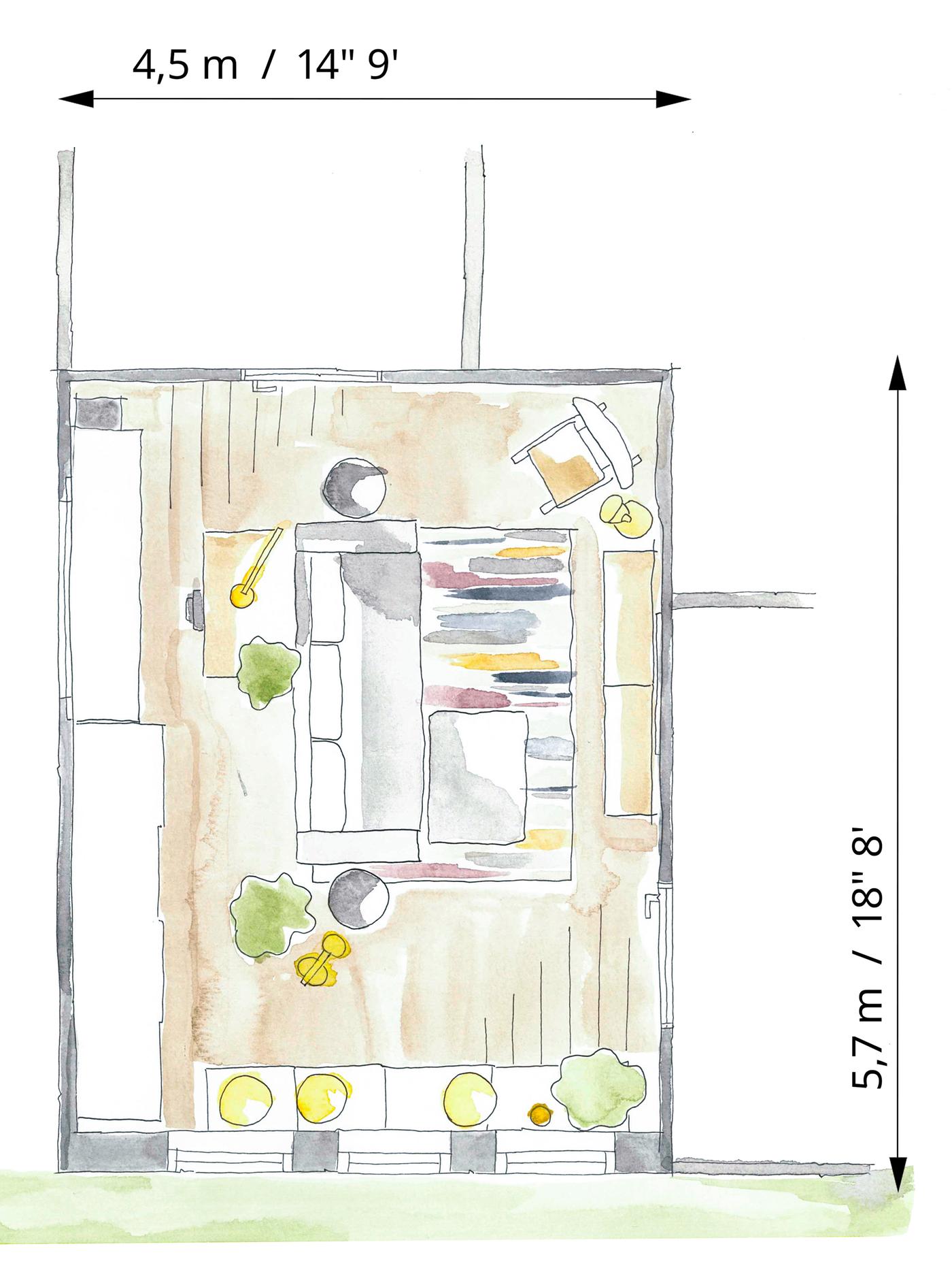 A floor plan showing that the shift between TV room, reading room, workspace or a bedroom is easy in an apartment.