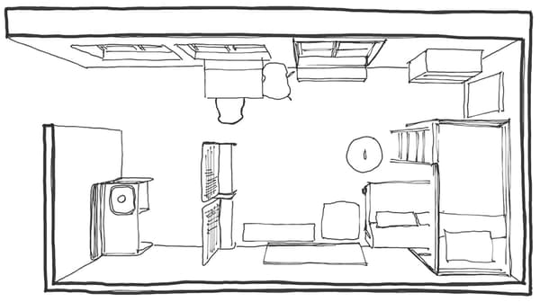 A floor plan sketched by our IKEA interior designer of the small space, with room dividers.