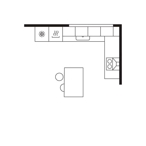 A floorplan of an L-shaped medium-sized kitchen shows a large kitchen island and an open floorplan with a dining area.