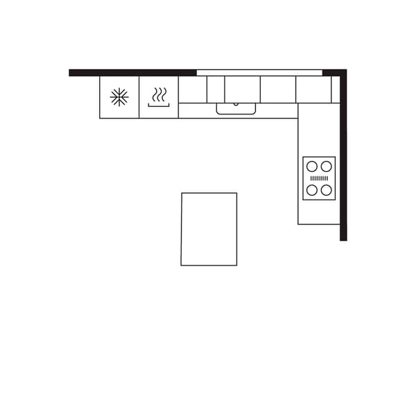 A floorplan of an L-shaped medium-sized kitchen shows a large kitchen island and an open floorplan with a dining area.