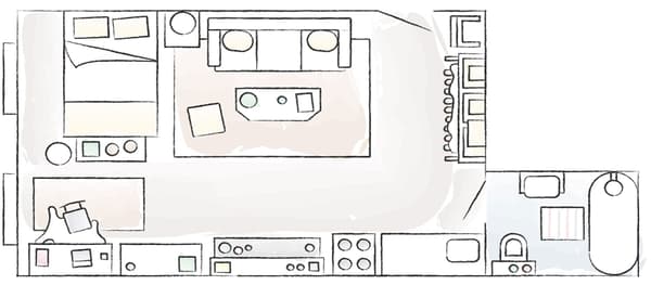 A floorplan of Dria’s compact home