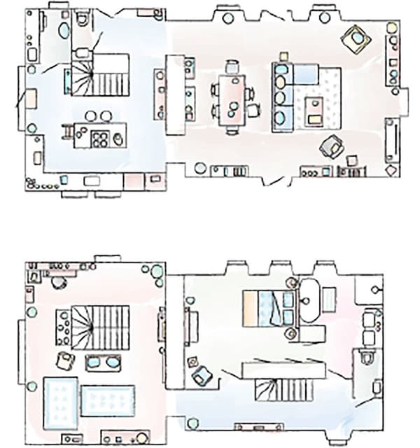A floorplan showing Marion and Frédérick’s home, including the living room, bedroom and open plan kitchen areas.