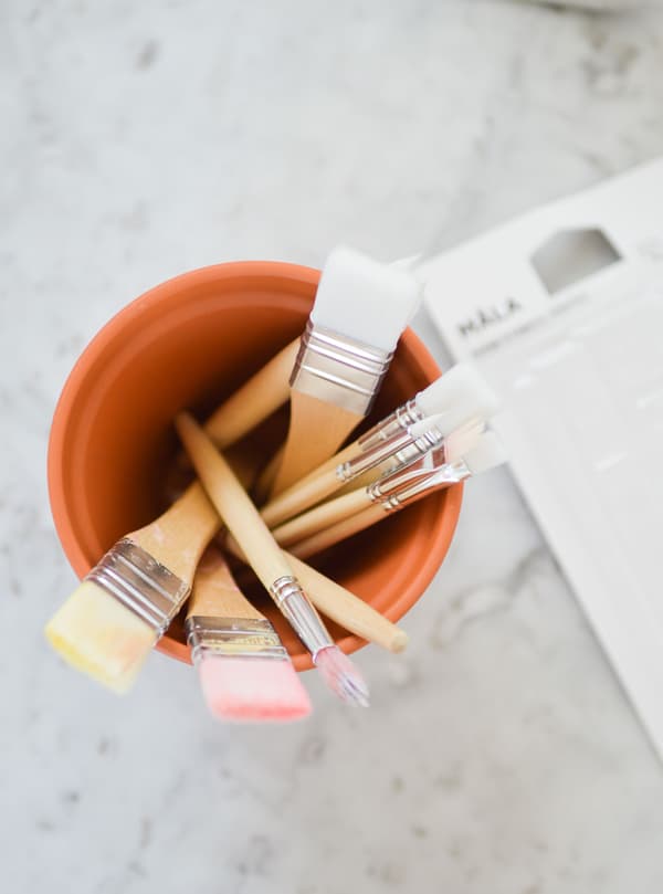 A flowerpot with brushes in it