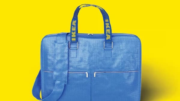 A FRAKTA bag made into a work briefcase