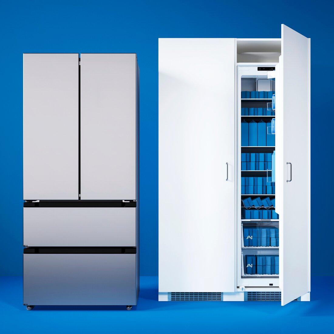 A freestanding RIBBENÅS French door fridge/freezer is placed next to an integrated FORSNÄS fridge and a FORSNÄS freezer.