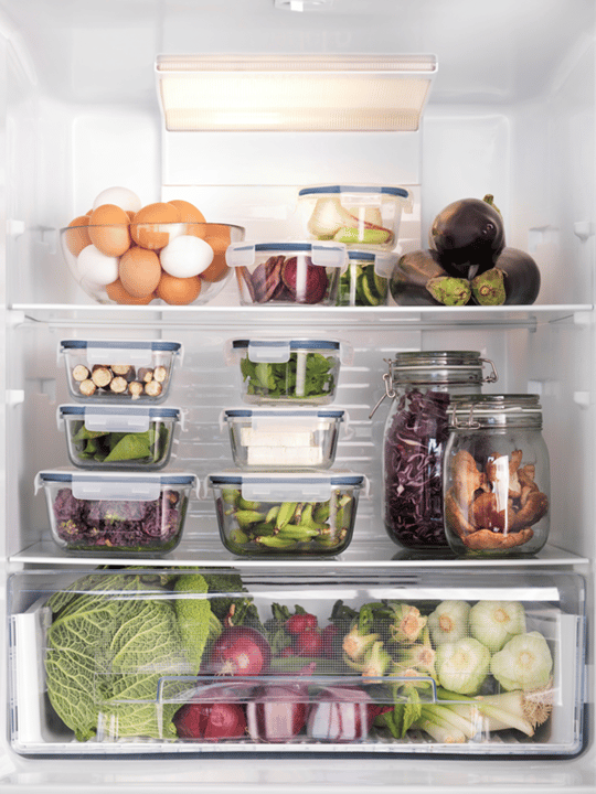 A fridge organised using containers