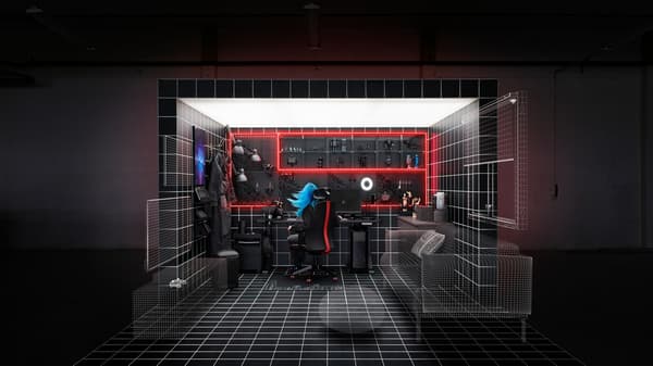 A gaming desk in a black and white box where physical products meet virtual reality, illustrated through a grid.