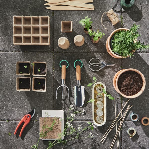 A garden setting features a LÄRKAR 2-piece gardening set made from birch and stainless steel, including tools and plants.