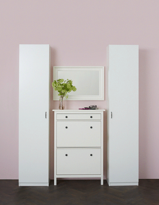 A GIF shows the doors of three white shoe cabinets opening and closing.