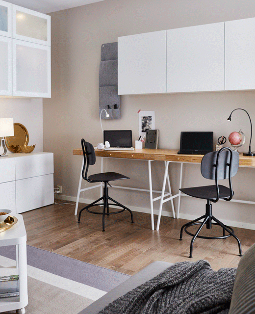 A GIF shows the transformation of a workspace to a dining space.