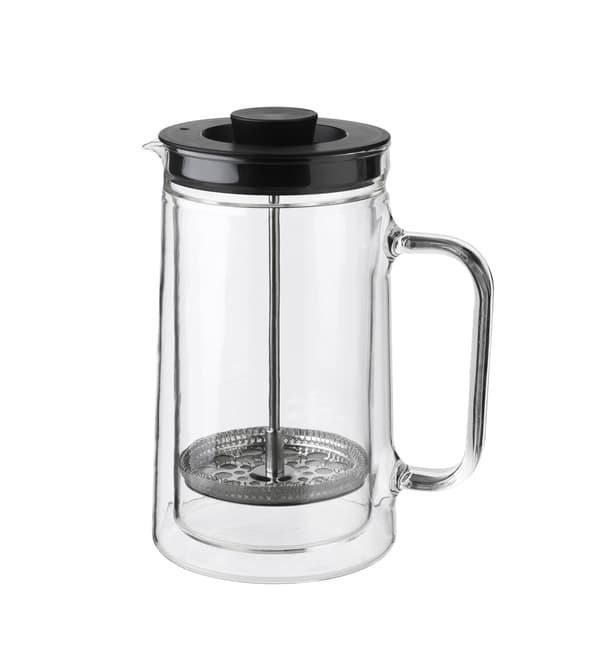 A glass cafetière with black lid.