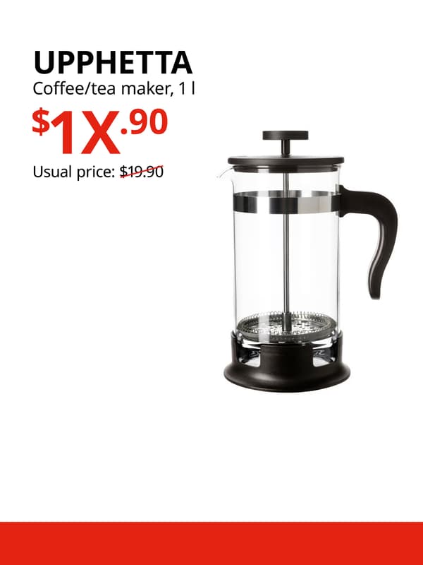 A glass/stainless steel UPPHETTA coffee/tea maker product display on a white background with black text that reads "UPPHETTA, Coffee/tea maker, 1 l, Usual price: $19.90", price in red text that reads "$1X.90".
