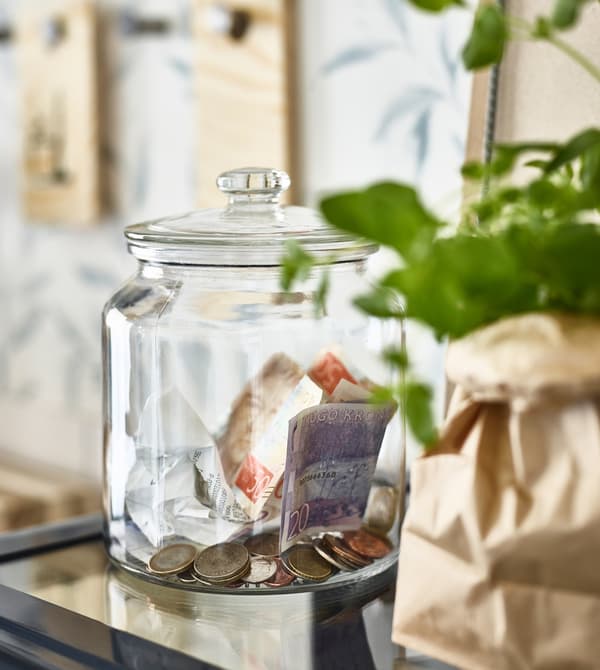 A glass VARDAGEN jar from IKEA used as a money box next to a plant in a paper bag.