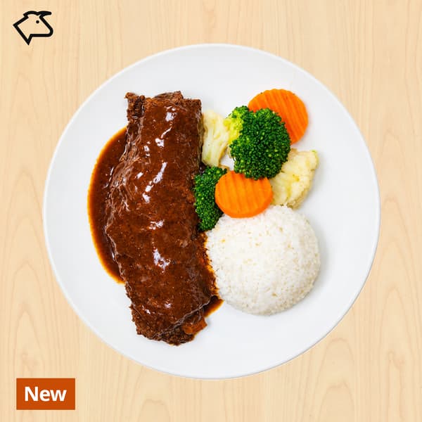 A glossy braised beef rib with brown gravy, white rice, broccoli, mashed potatoes, and carrot slices on a white plate; “New” label suggests a fresh menu item.