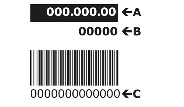 A graphic of a manufacturer's label on an electrical appliance from IKEA. The upper 8-digit number A stands for the article number, the 5-digit number B below is the manufacturer number and the number C below the barcode is the service number.