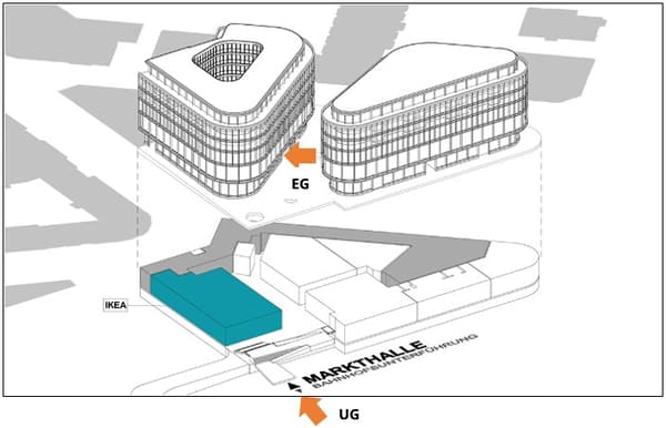 A graphic representation of the position of the IKEA Plan and order point in the Steinbock Centre Chur