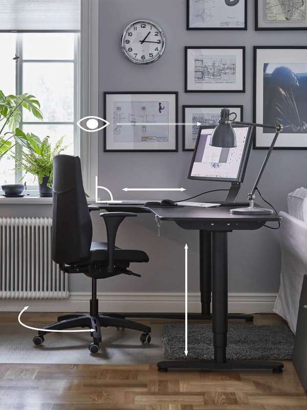 A graphic showing the right desk height and body position for working while sitting at a desk.