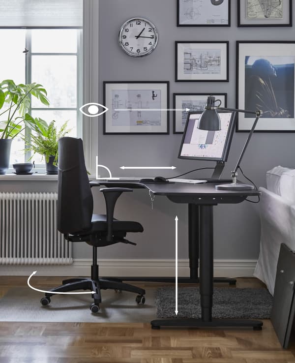 A graphic showing the right desk height and body position for working at a desk.