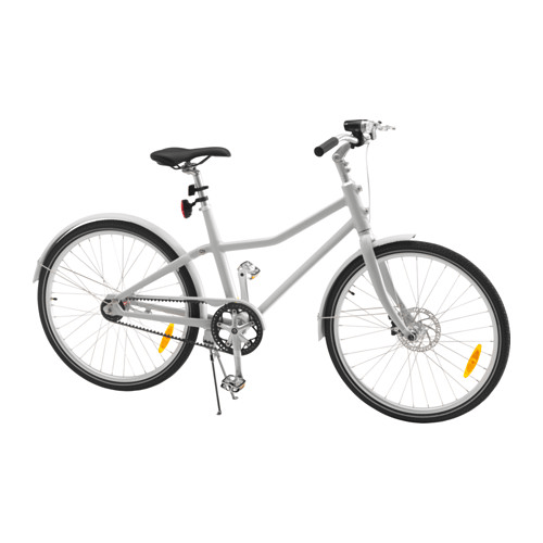 A gray bicycle with a kick stand against a white background.