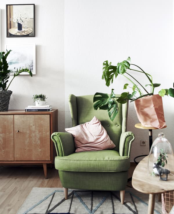 A green armchair next to a pot plant and coffee table.