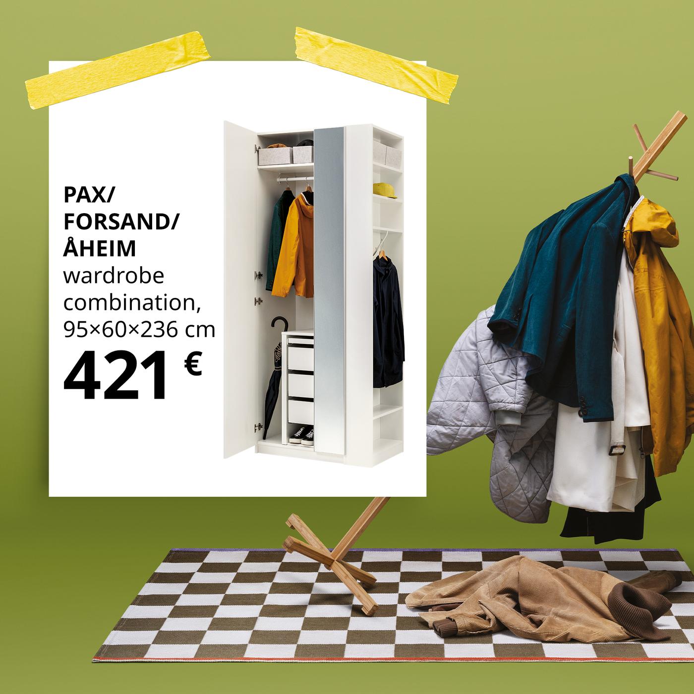 A green hallway with a chequered rug shows an overloaded clothes rack tipping under the weight of too many coats. A white sticker overlay highlights a simple solution—a PAX/FORSAND/ÅHEIM wardrobe combination for 421 €—to ensure there’s enough room for everything.