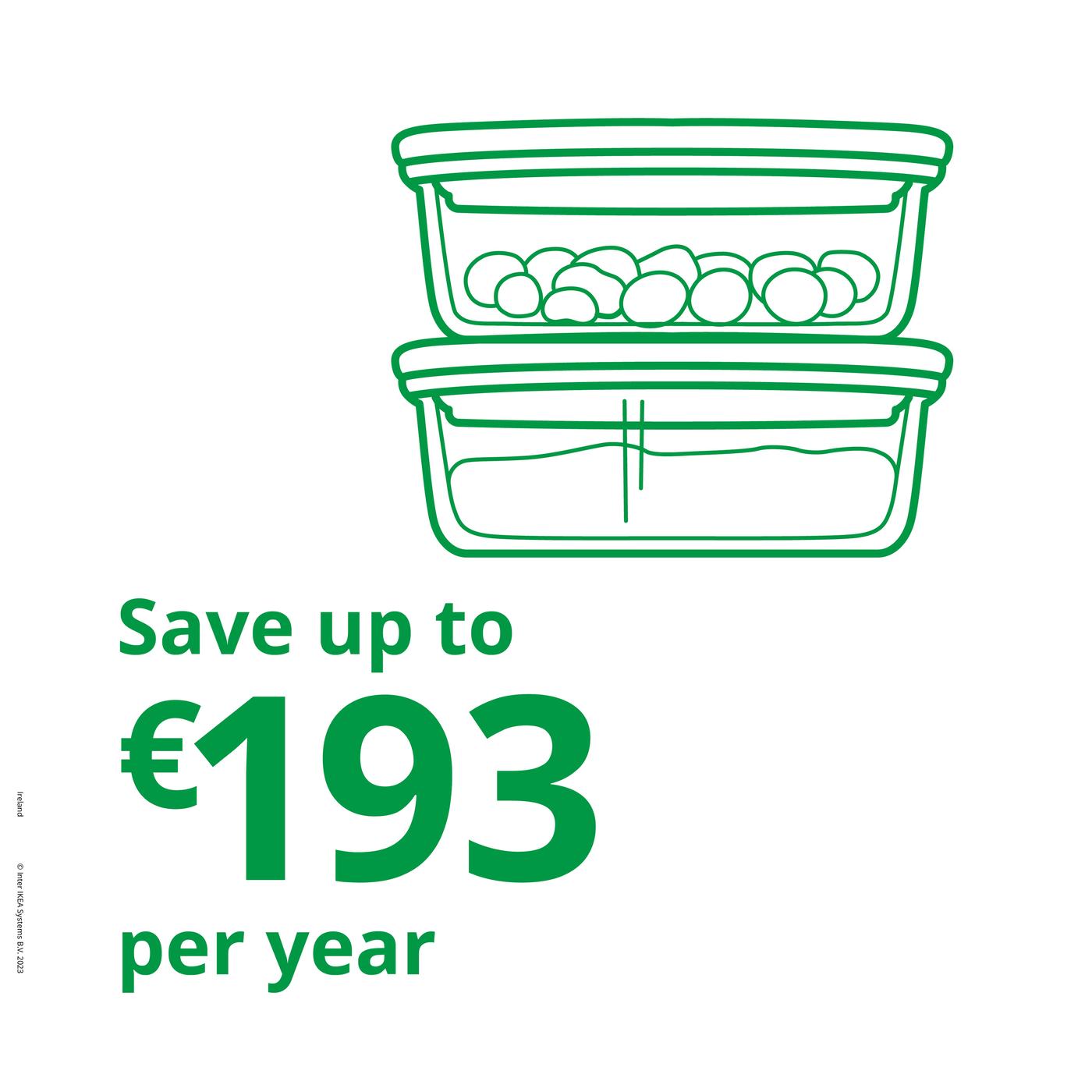 A green icon of IKEA food containers with a text saying "Save up to €193 per year"