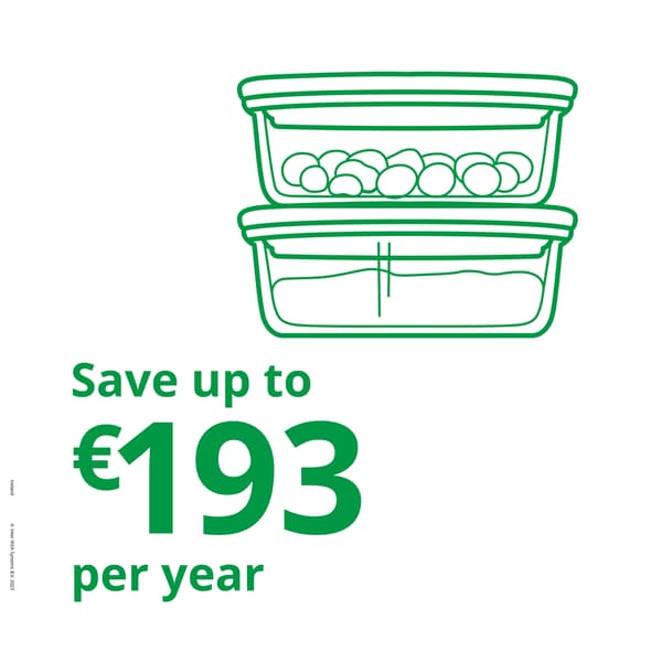 A green icon of IKEA food containers with a text saying "Save up to €193 per year"