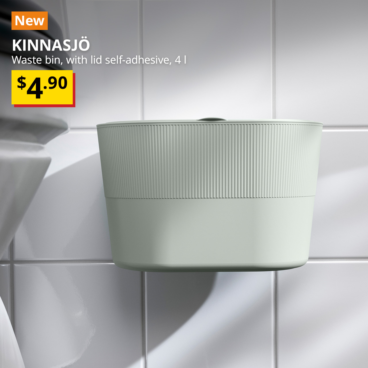 A green KINNASJÖ waste bin with lid is placed in a reachable area next to the toilet bowl using self-adhesive. Text on image reads "KINNASJÖ, Waste bin, with lid self-adhesive, 4 l, BTI Price: $4.90."