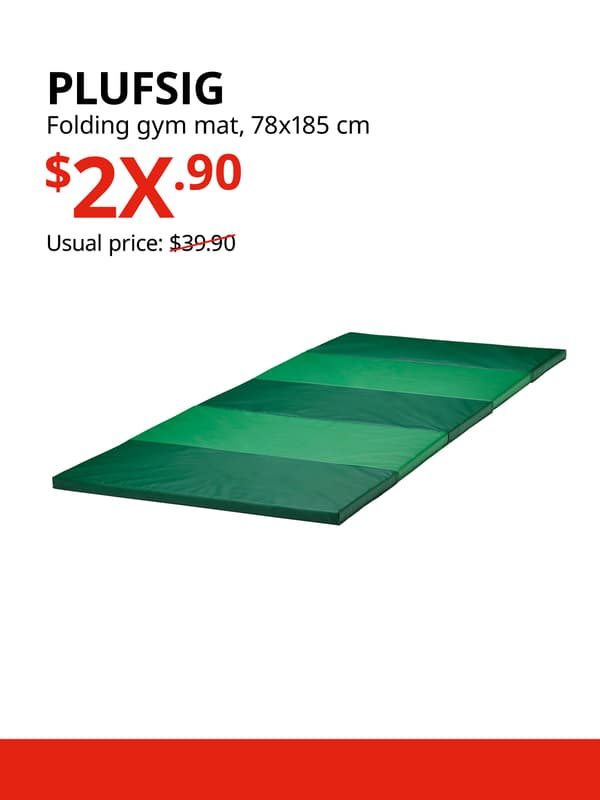 A green PLUFSIG product display on a white background with black text that reads "PLUFSIG, Folding gym mat, 78x185 cm, Usual price: $39.90", price in red text that reads "$2X.90".