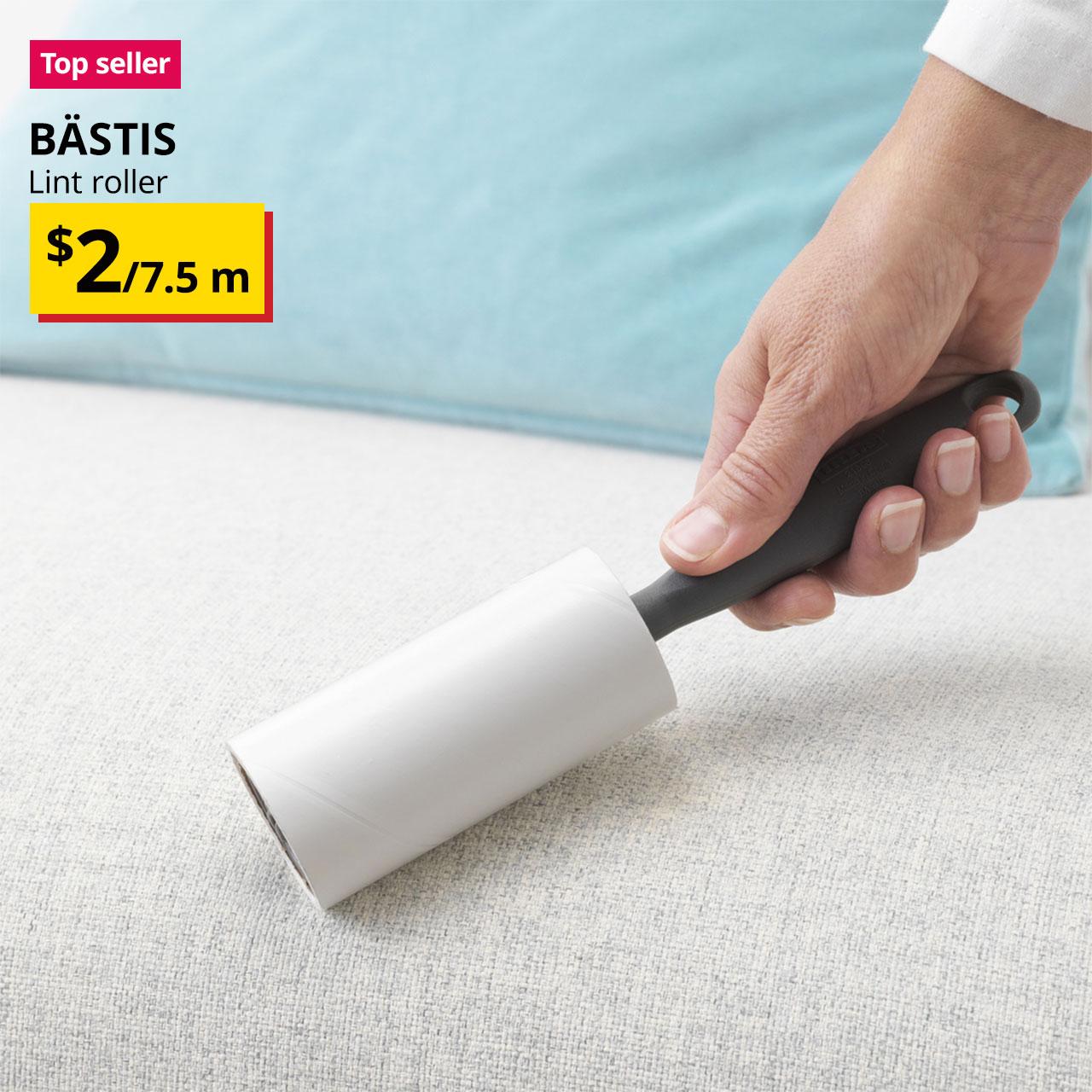 A grey BÄSTIS lint roller with BTI price of $2 for 7.5m.