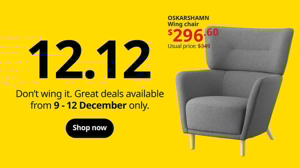 A grey OSKARSHAMN armchair against a yellow background. Discounted price: $296.60. Usual price: $349. Button reads: Shop now