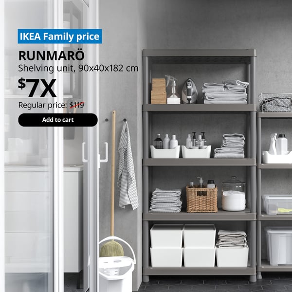 A grey RUNMARÖ shelving unit is being used at the service yard to organise. On the top left corner, a blue tag with white text that reads 