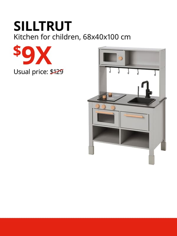 A grey SILLTRUT kitchen for children product display on a white background with black text that reads "SILLTRUT, Kitchen for children, 68x40x100 cm, Usual price: $129", price in red text that reads "$9X".