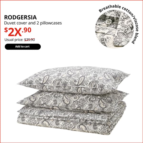 A grey/white patterned RODGERSIA duvet cover and 2 pillowcase. On the top left hand corner, black text that reads 