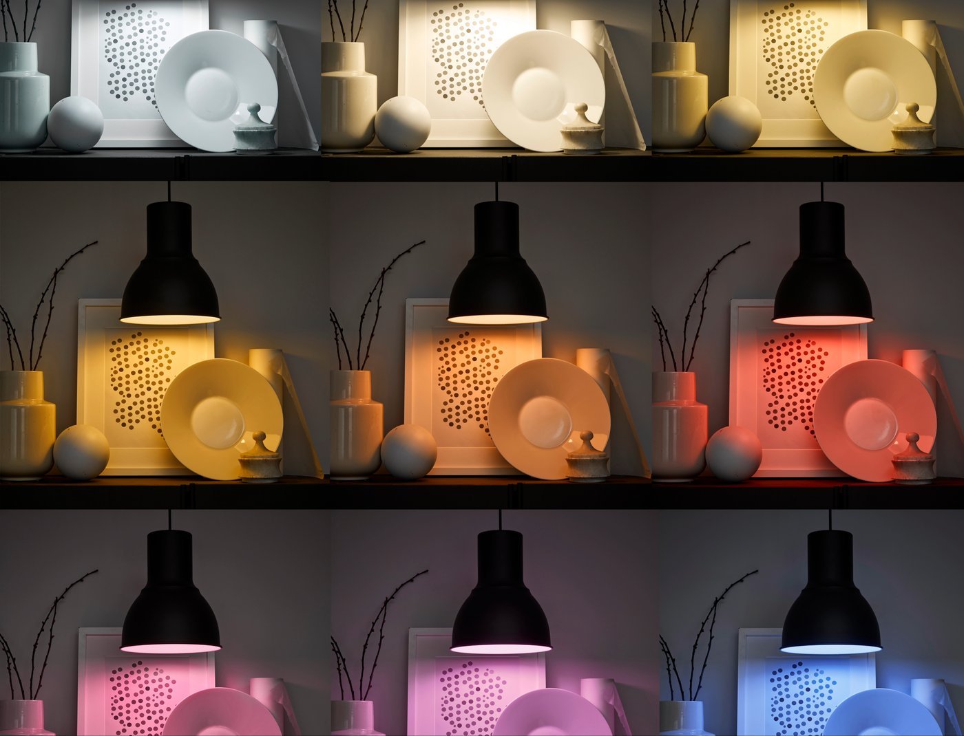 A grid of nine photos shows the same table setting under a pendant lamp, each with different colored lighting including white, yellow, orange, blue, pink, and purple hues.