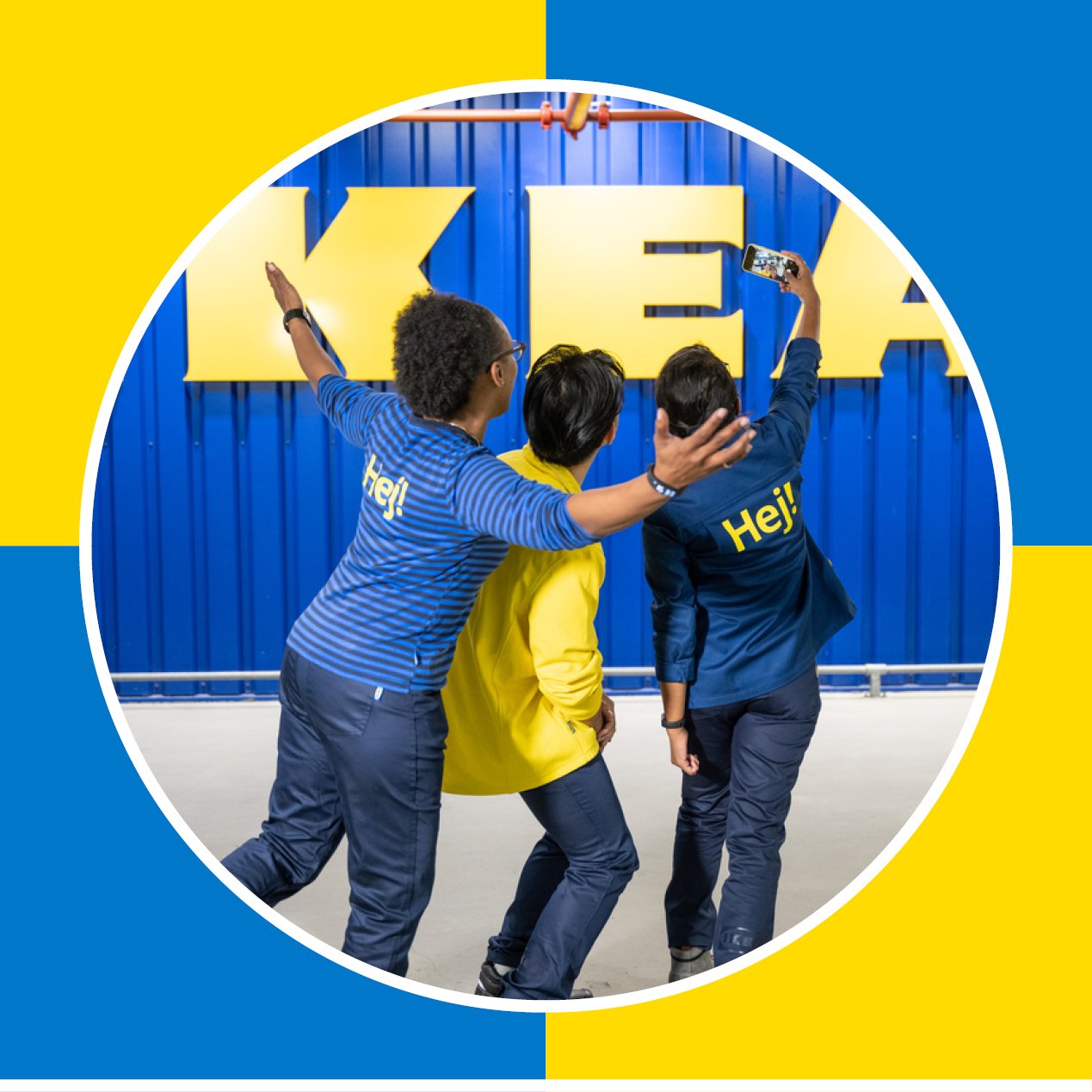 a group of 3 IKEA co-workers taking a selfie, on a blue and yellow checkered background