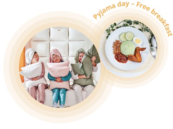 A group of in Pyjamas on the bed while hugging pillows are ready for the pyjamas party.