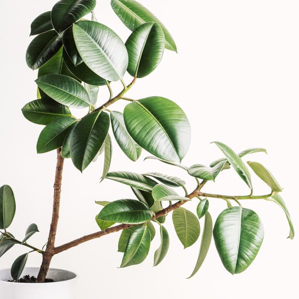 A growing rubber plant in a while pot. Large with many branches