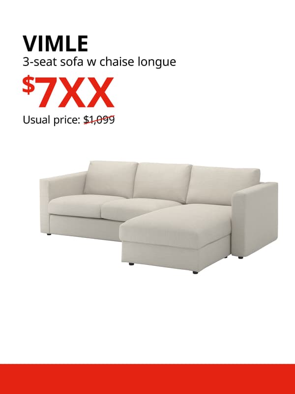 A gunnared beige VIMLE 3-seat sofa with chaise longue product display on a white background with black text that reads "VIMLE, 3-seat sofa w chaise longue, Usual price: $1,099", price in red text that reads "$7XX".