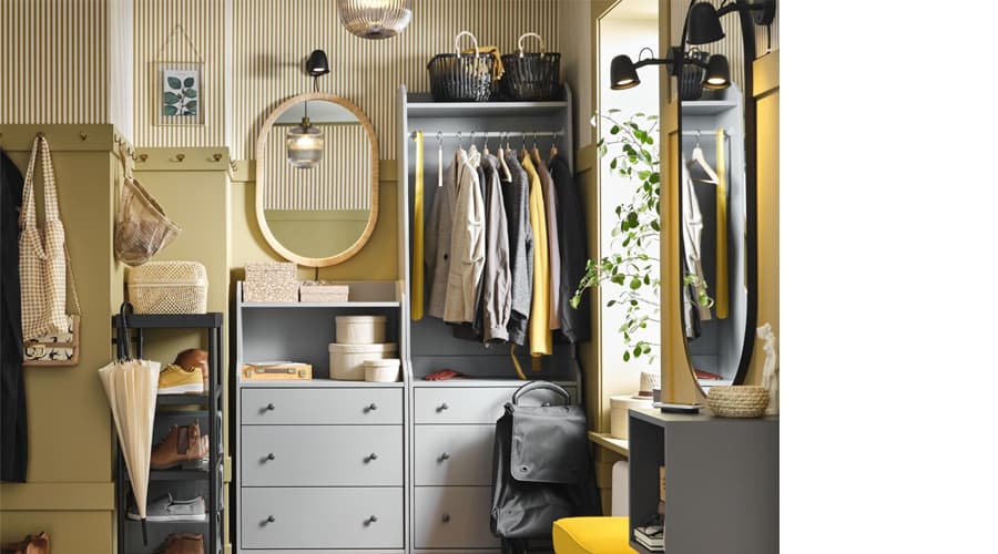 A hallway space with yellow and grey tones.