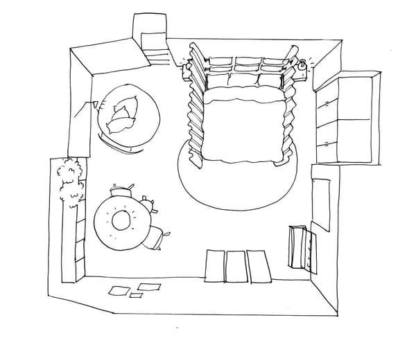 A hand drawn floor plan for a bedroom with different activity areas, including a reading corner.