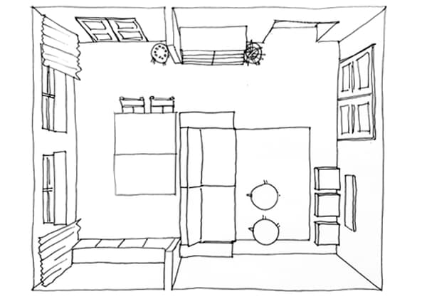 A hand-drawn sketch of the living room.