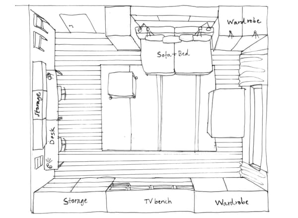A hand-drwan sketch of the layout of a living room.