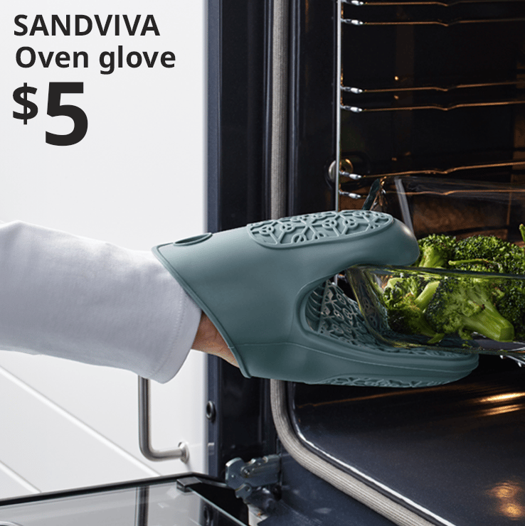 A hand wearing a blue silicone SANDVIVA glove is retrieving a glass bowl filled with broccoli from an oven. Black text on top left of the image reads: SANDVIVA, oven glove. Price: $5