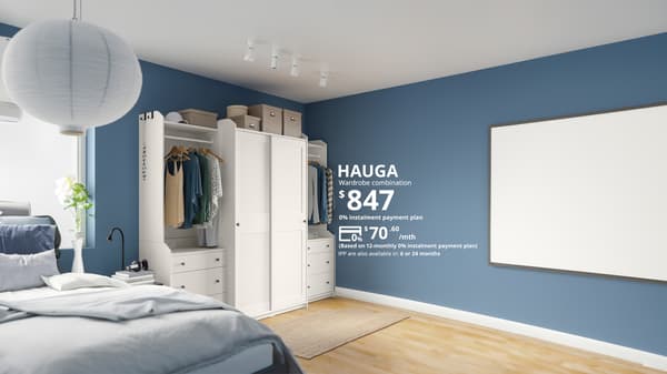 A HAUGA wardrobe combination priced at $847 but now can be paid at $70.60 per month for 12 months