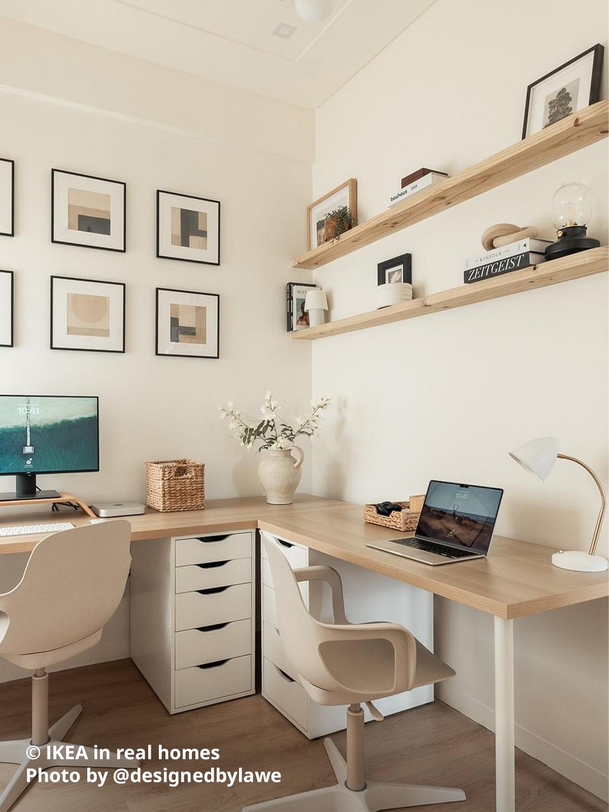 A home office area with white stained oak LAGKAPTEN/ADILS desk setup with white MICKE drawer unit and a beige office chair. IKEA in real homes Photo by @designedbylawe.
