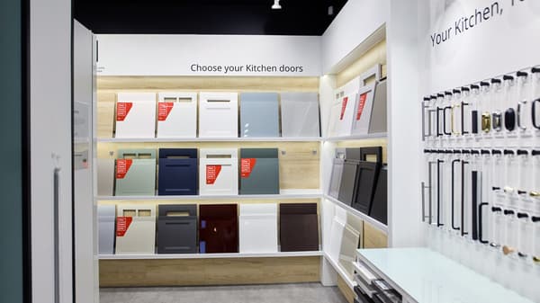 A huge display of kitchen doors in different colours